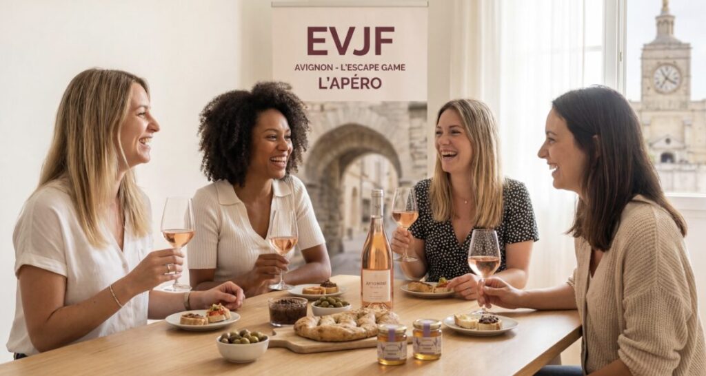 4 femmes qui rigolent dans un salon autour d'une table entrain de prendre l'apéro