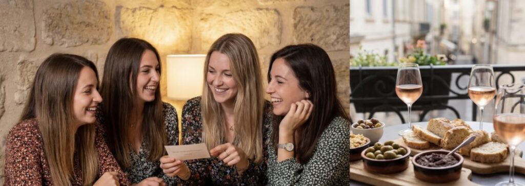 4 femmes qui rigolent autour d'un apéritif. À droite, un apéritif avec des verre de rosé et des tartinables.